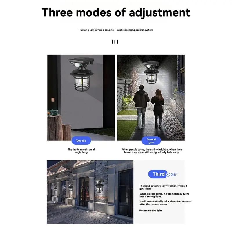 SHGO Solar Wall Lanterns Outdoor Waterproof Motion Sensor Fence Light with 3 Modes 200LM 1200mAh ABS Black for Exterior Lighting