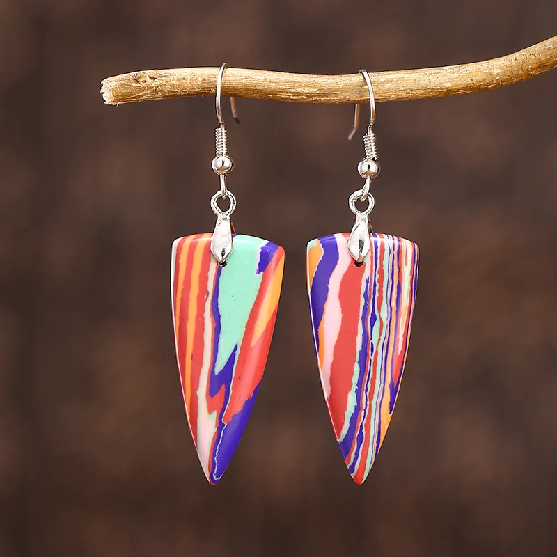 Natural New Earrings Rainbow Color Ripple Triangle Emperor Stone Earrings Creative Stone Drop Earrings for Women Girl Jewelry