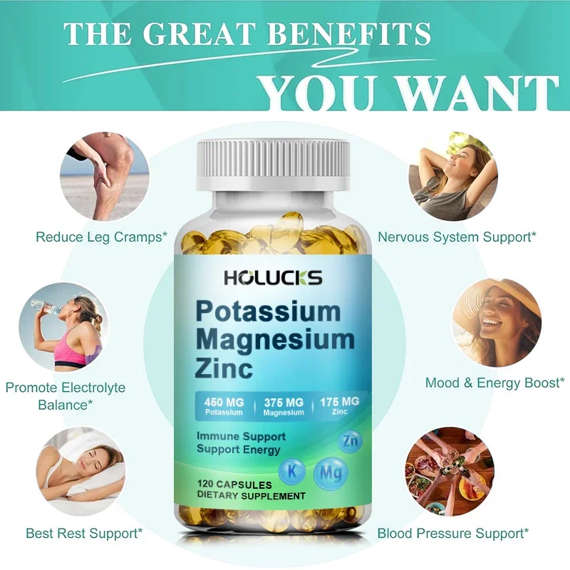 Potassium Magnesium Zinc Supplement, Support Vascular, Bone, Heart, Muscle & Nerve Health, Non-GMO, Vegan Capsules