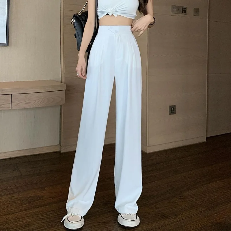 Women\'s Summer Casual Wide Leg Pants Button Slim Straight Leg Long Trousers Elastic High Waist Suit Pants Versatile For Women