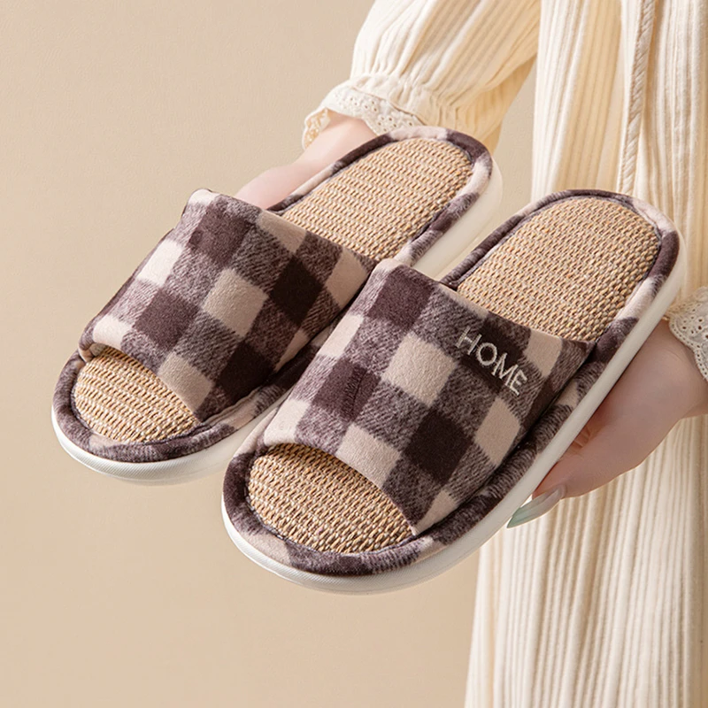 Linen Women's Slippers Home Spring Summer Plaid Designer Woman Shoes Open-Toe Casual New Indoor Slides Unisex Soft Sole Non-Slip image 2