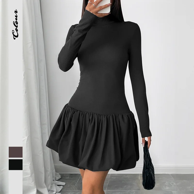 Minivestido elegante de manga larga con cuello alto y volantes para mujer, vestido de fiesta liso ajustado de cintura alta, corte en A, ropa de calle, otoño 2025