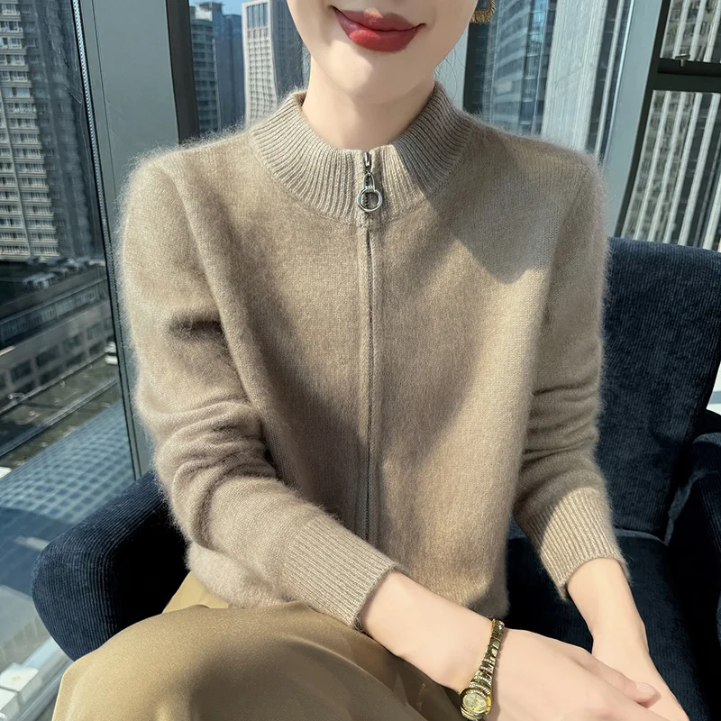 Cardigan con cerniera in lana di visone a maniche lunghe autunno e inverno Top da donna in maglia di lana allentata tinta unita