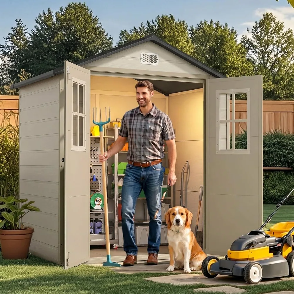 6x4.4 FT Outdoor Storage Shed, Plastic Garden Tool Shed with 2 Windows, Double-Wall Outside Shed, Customized