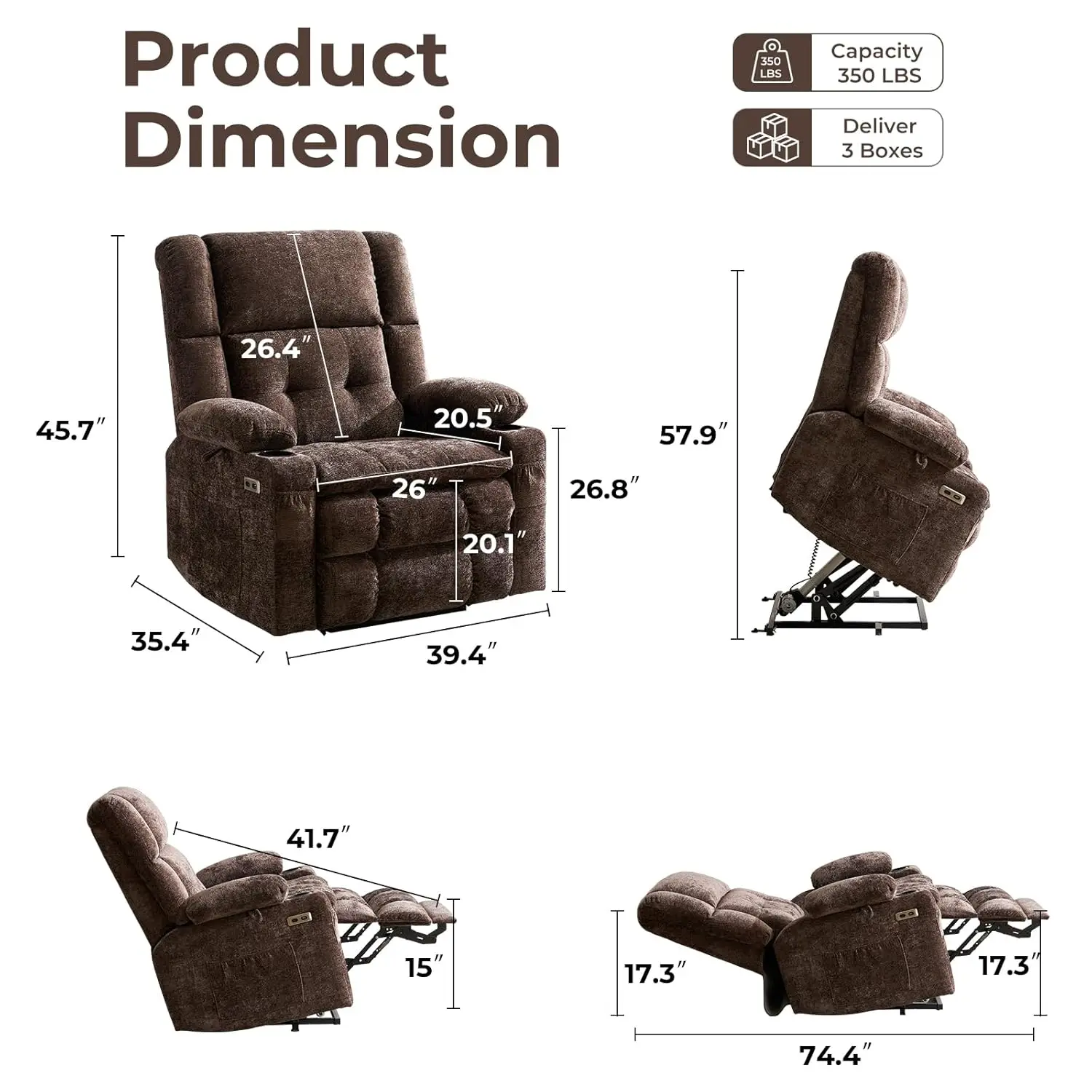 #Oversized Power Lift Recliner Massage Heat Dual Motor Infinite Position Arm Storage Extended Footrest Coffee, Customized