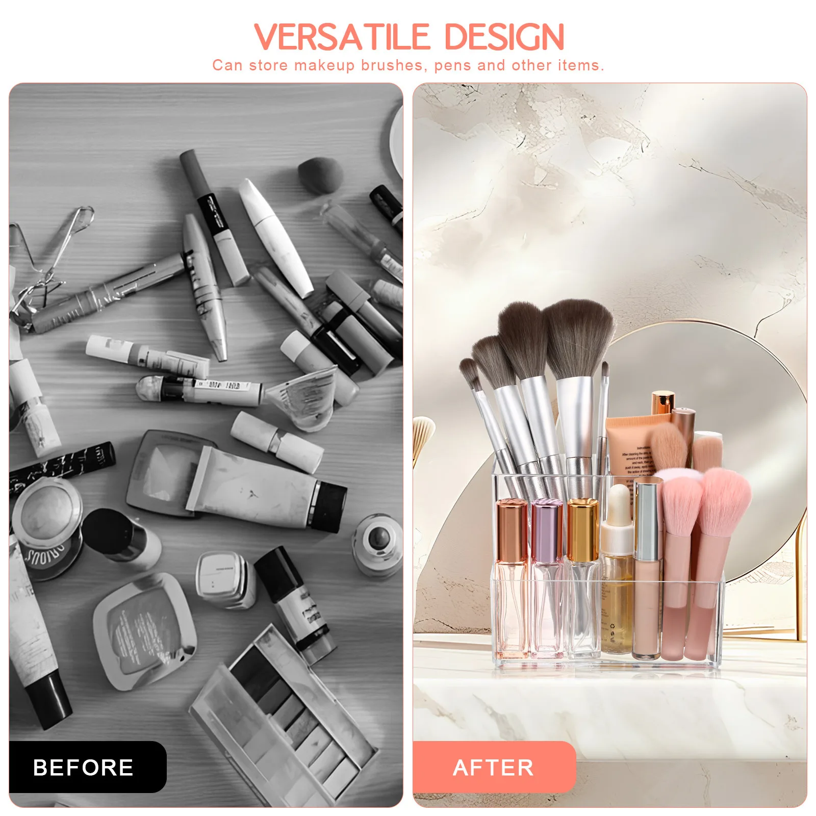 Durchsichtiger Desktop-Make-up-Organizer mit geteilten Fächern, Pinselhalter für Kosmetika, Hautpflege, Stifte, Bürobedarf, Aufbewahrungskoffer