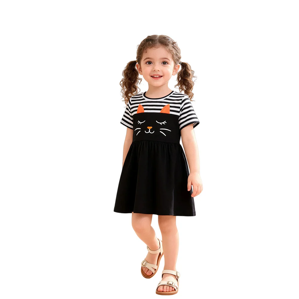 

2-7T Summer Girls Dress Cat Embroidery Baby Girls Party Birthday Short Sleeve Fashion Children's Clothing Kids Frocks