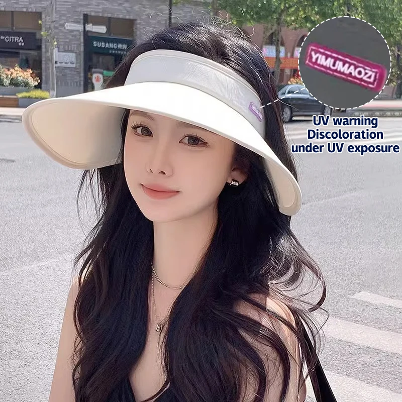 Women Summer Sun Hat W/Strap Folding Empty Top Visors UPF50+ UV Protection Bonnet Large Brim Travel Beach Ice Silk Sunscreen Hat