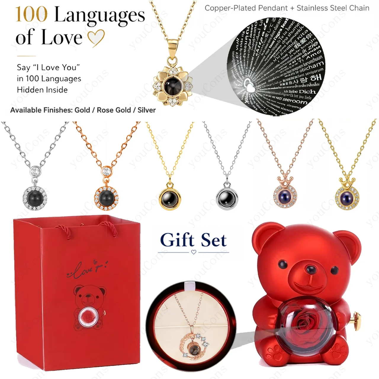 100 Language Projection Round Pendant Necklace With Cute Bear Red Roses Gift Box Valentine's Mother's Day For Women Jewelry