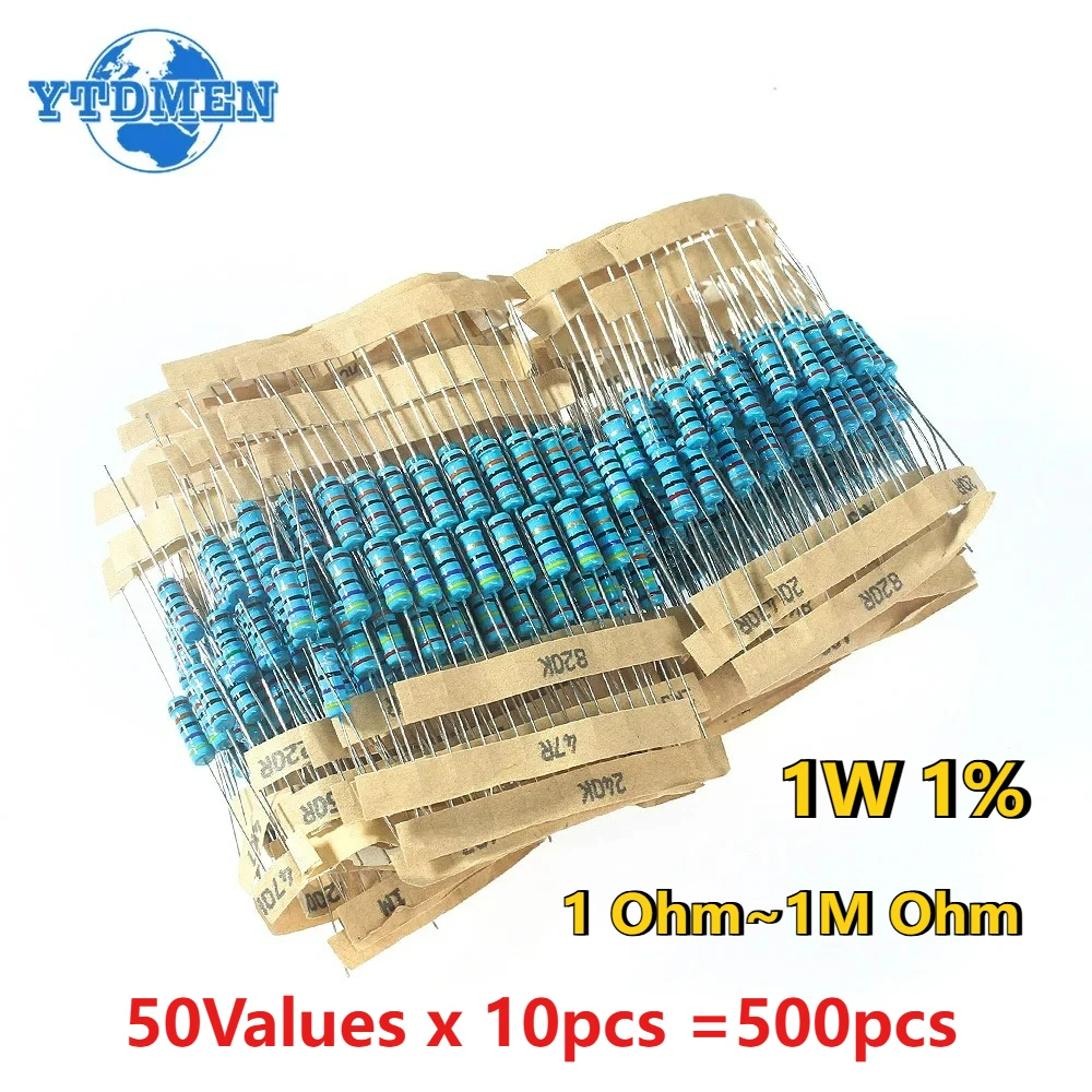 

500PCS Resistor Kit 1ohm - 1M Ohm 1W Resistance Set 1% Metal Film Resistor Assortment Kit 50Kinds*10pcs=500PCS
