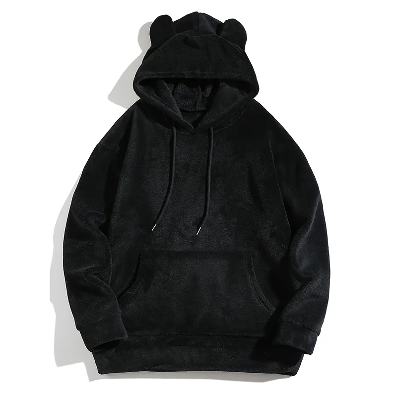 Herren Flauschiger Fleece-Hoodie mit Bärenohren, Kordelzug, Kängurutasche, Locker Geschnitten, Herbst-Winter, Alltagstauglich, Warm, Langarm-Pullover – Detail 15