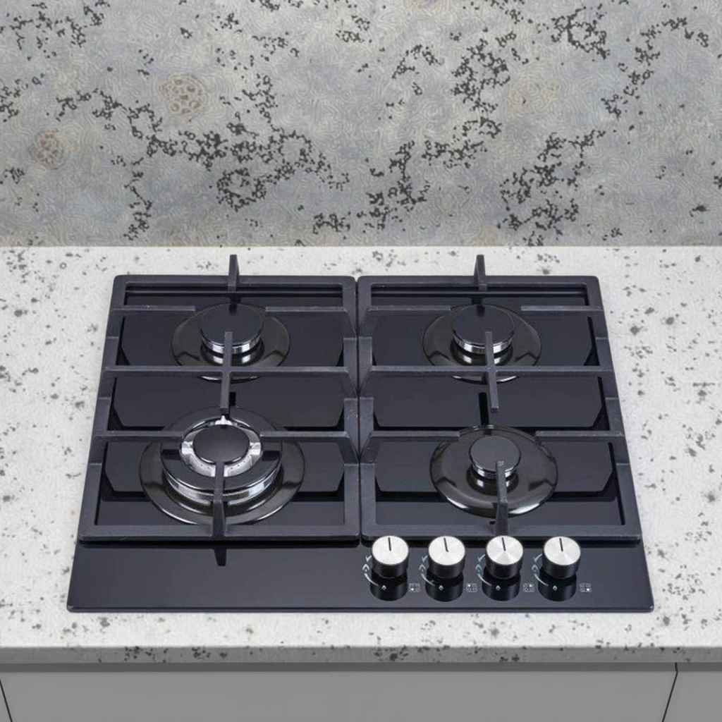موقد غاز مكون من 4 شعلات - 8 مم من الزجاج المقسى المدمج في سطح الطاولة للمطبخ المنزلي، شعلات من الفولاذ المقاوم للصدأ عالية الكفاءة