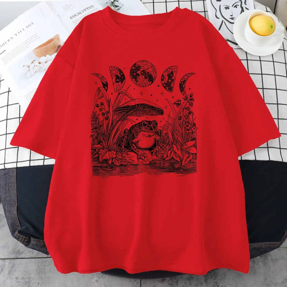 T-shirt en coton surdimensionné décontracté vintage pour hommes, tee-shirt créatif, chambre lente, lune, agecore esthétique, jugement mignon, grenouille, sorcière