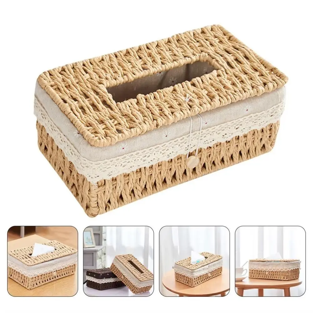 

Simple Japanese Style Rattan Woven Tissue Box Rectangular Hand Woven Napkin Box Natural with Lid Storage Box Desktop