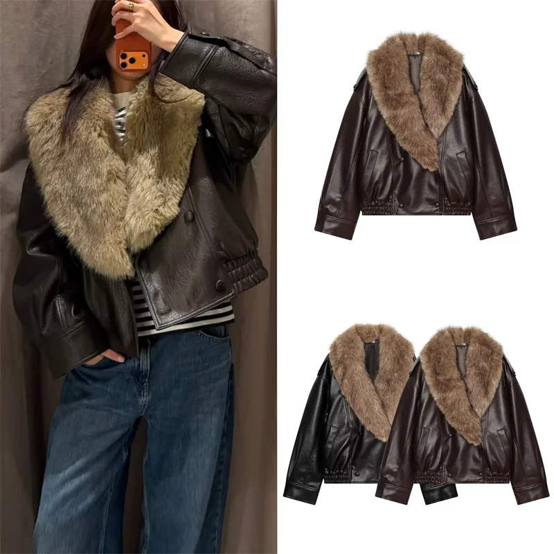 Guobioziy Women's Coat 2026 Winter New Style European and American Fashion Removable Collar Faux Leather Jacket