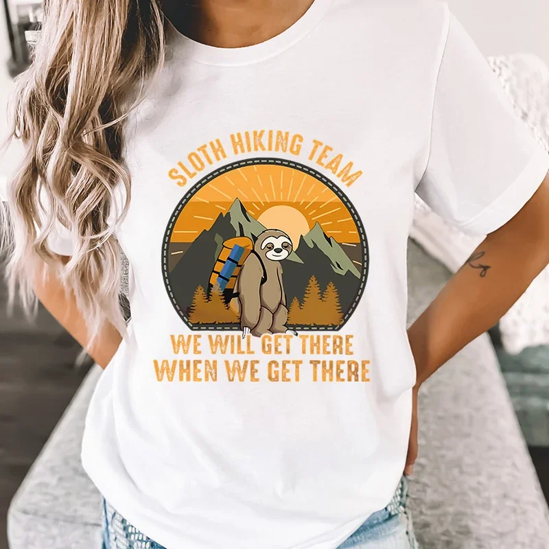 Sloth Hiking Team Women's T-shirt Adventure Hiking Lover Gifts Crew Neck Short Sleeve T-shirt Funny Sloth Moutainers Retro Tops