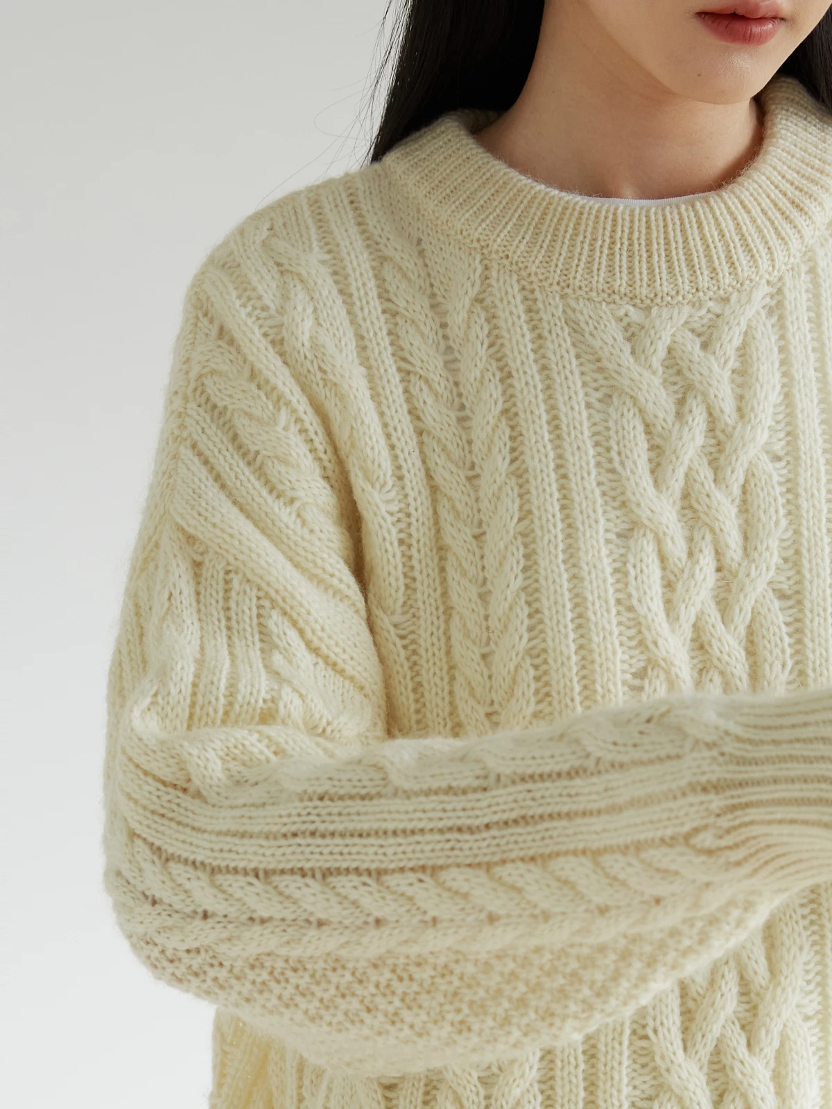 

Свободный шерстяной вязаный свитер с закручиванием для женщин, круглый Ne Long Sve Commute Sle Pure Color, осенний сезон, обычные Thi...