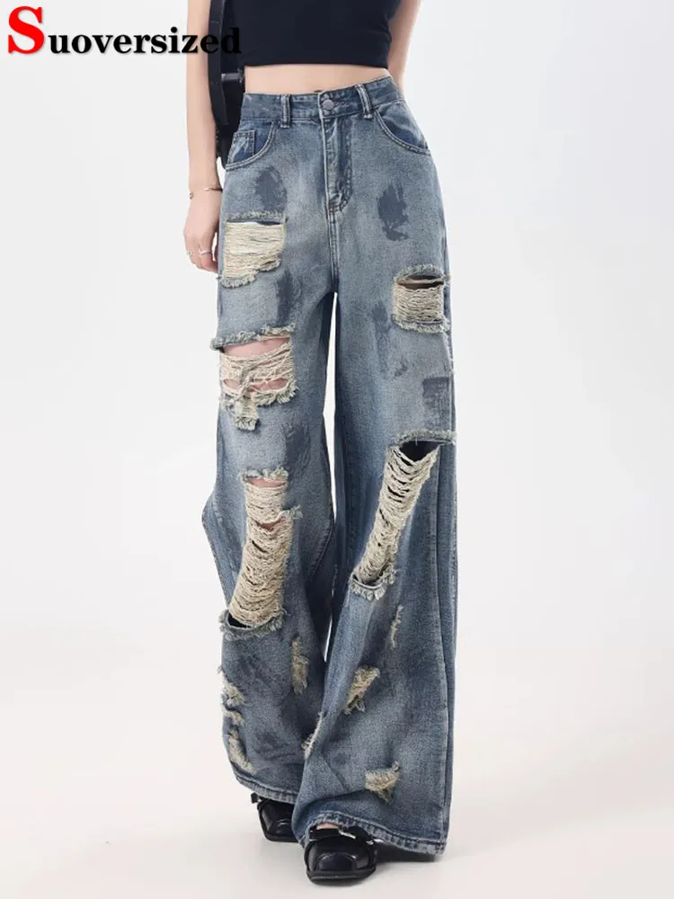 

Мешковатые прямые джинсы с дырками, корейские модные широкие джинсовые брюки с высокой талией, летние женские повседневные свободные винтажные новые Vaqueros