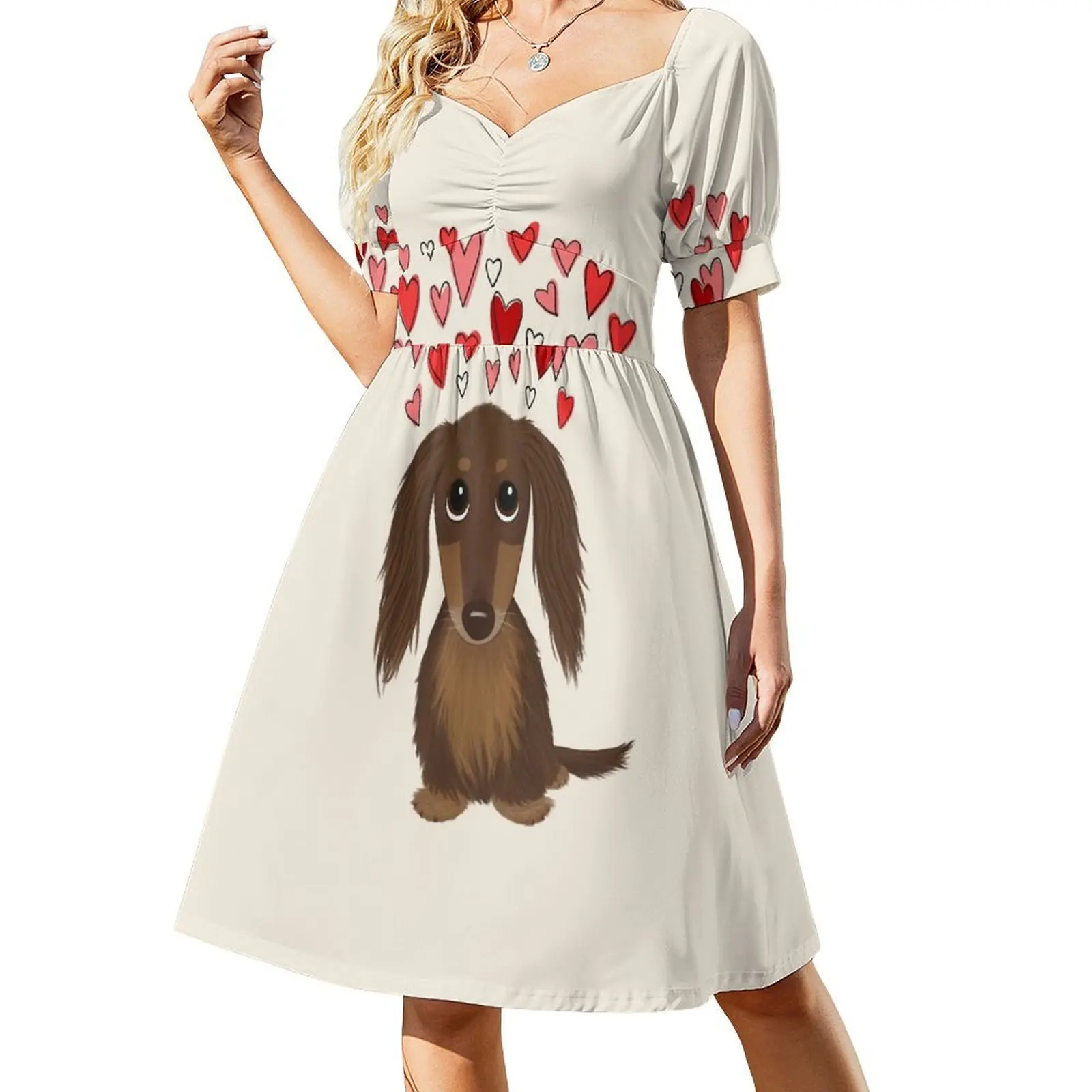 

Hearts Dog Longhaired Chocolate Dachshund Cartoon Dog with Valentine Hearts Short Sleeved Dress dress women evening dress