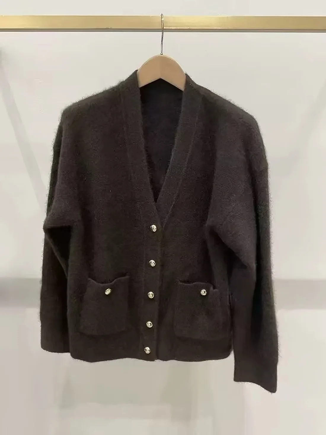 High-End Version European Style Deep Brown Casual Knitted Long Sleeve V-Neck Women's Open Cardigan Double Pocket Quality Top
