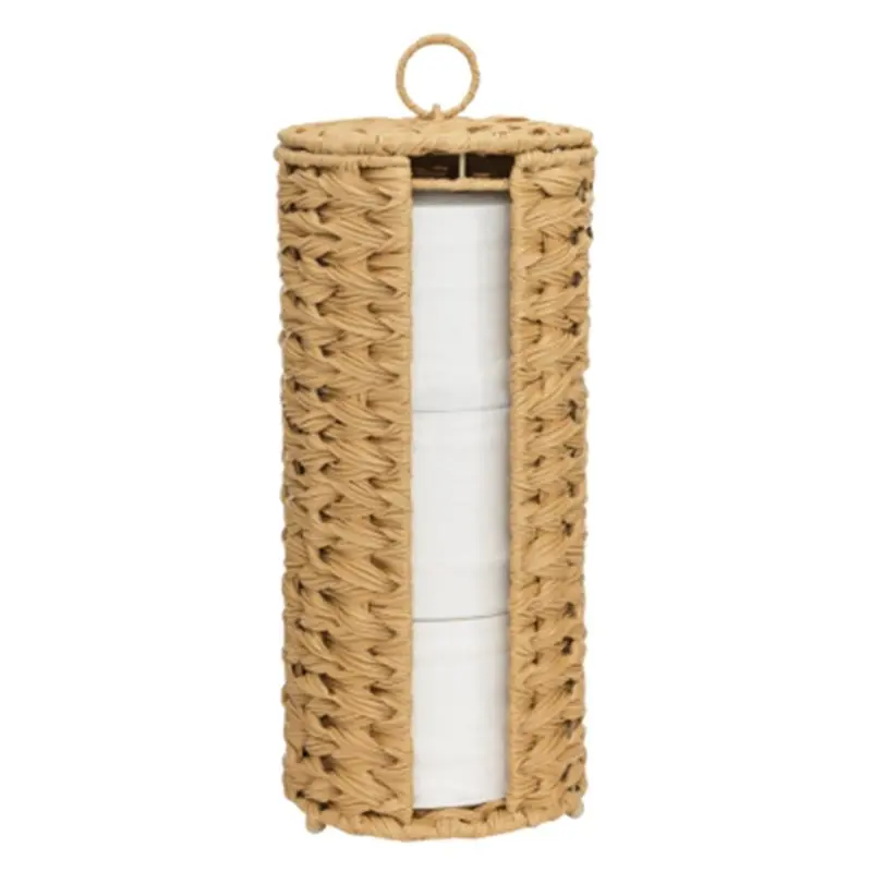 AB46-Imitation Rattan Toilet Paper Basket With Lid, Toilet Paper Holder Stand For 3 Rolls, Handcrafted Woven Tissue Basket