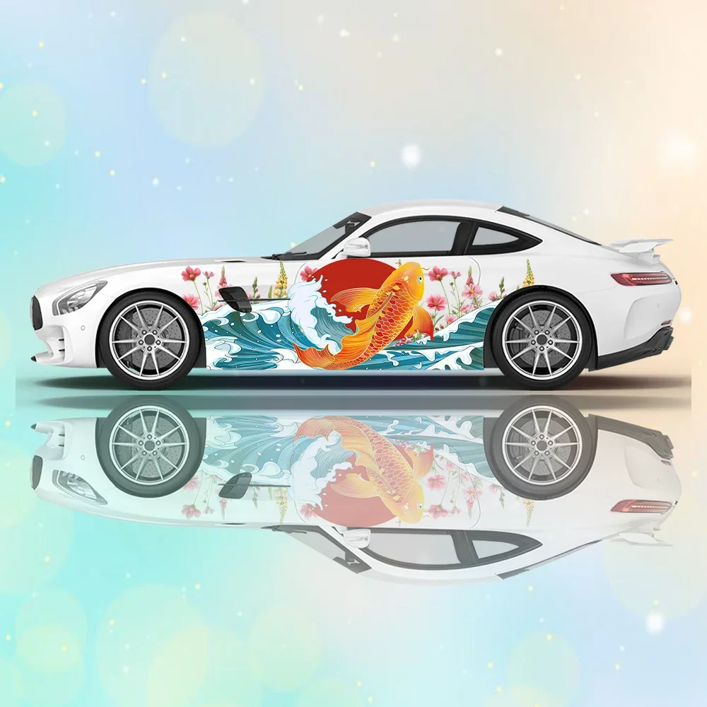 Flower Branch Koi Wave Car Side Sticker Decoration,PVC Waterproof Scratch Resistant Decal, Car Protection, Auto Accessories Gift