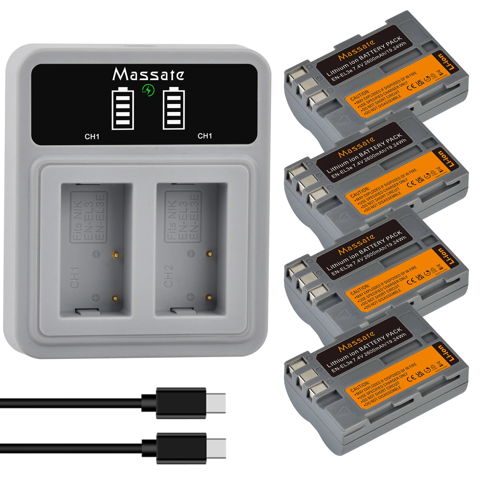 

Massate EN-EL3E EN EL3E 2600mAh Battery and Fast USB Charger for Nikon D700 D300 D300S D200 D100 D90 D80 D80S D70 D50 cameras