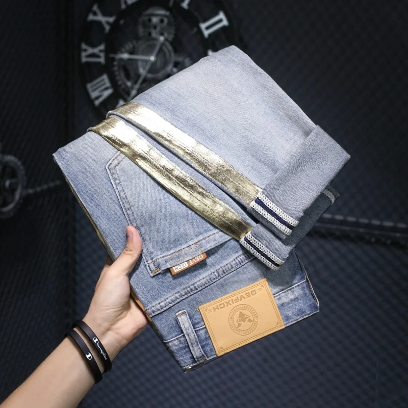 2024new fashion bronzing striped design jeans men's light luxury trend all-matching slim fit stretch high-end skinny pants