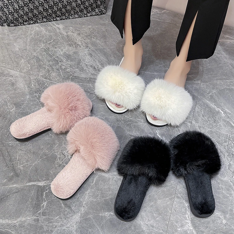 Women Slippers 2022 Autumn Winter Shoes Flat Sweet Home Slippers Woman Indoor Fur Warm Soft Slip on Black Pink Female Slipper