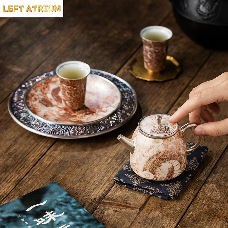 150ML Master He Fusen Chinese Style Teapot Silver Gilded Dragon Teapot Retro Ceramic Teapot Gift Box Kungfu Tea Set Tea Ceremony