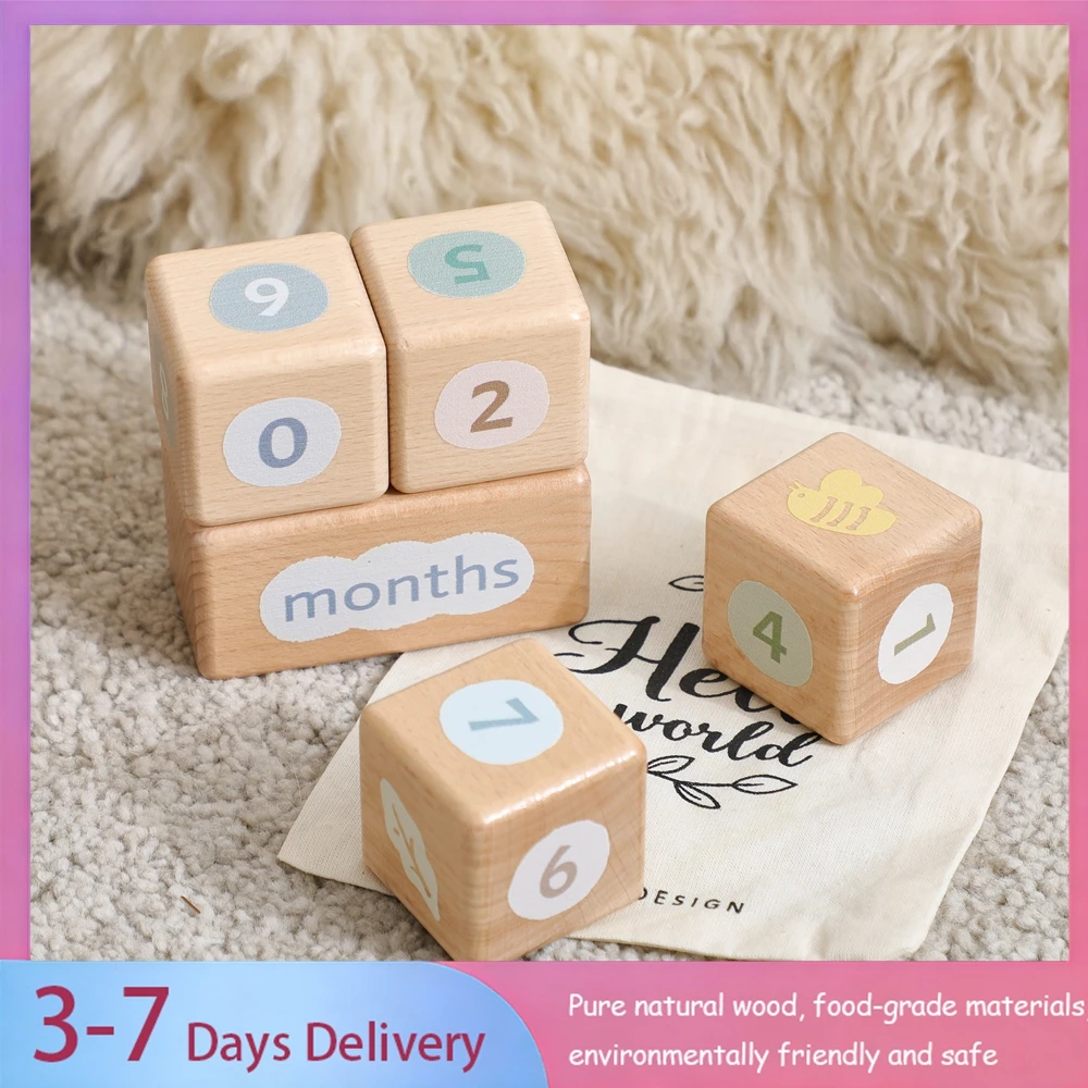 

1Set Wooden Calendar Newborn Growth Photography Props Baby Room Decoration Wooden Baby Block Milestone Stackable The Baby's Gift