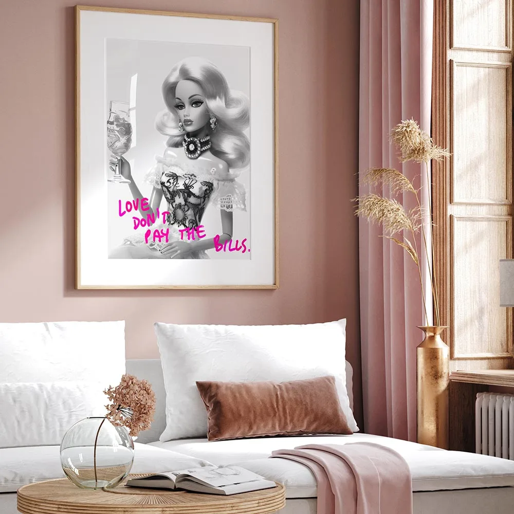 Funny Doll Wall Art Pink Rich Girl Canvas Painting Preppy Room Girly Poster Canvas Prints For Bar Cart Home Decor Unframed
