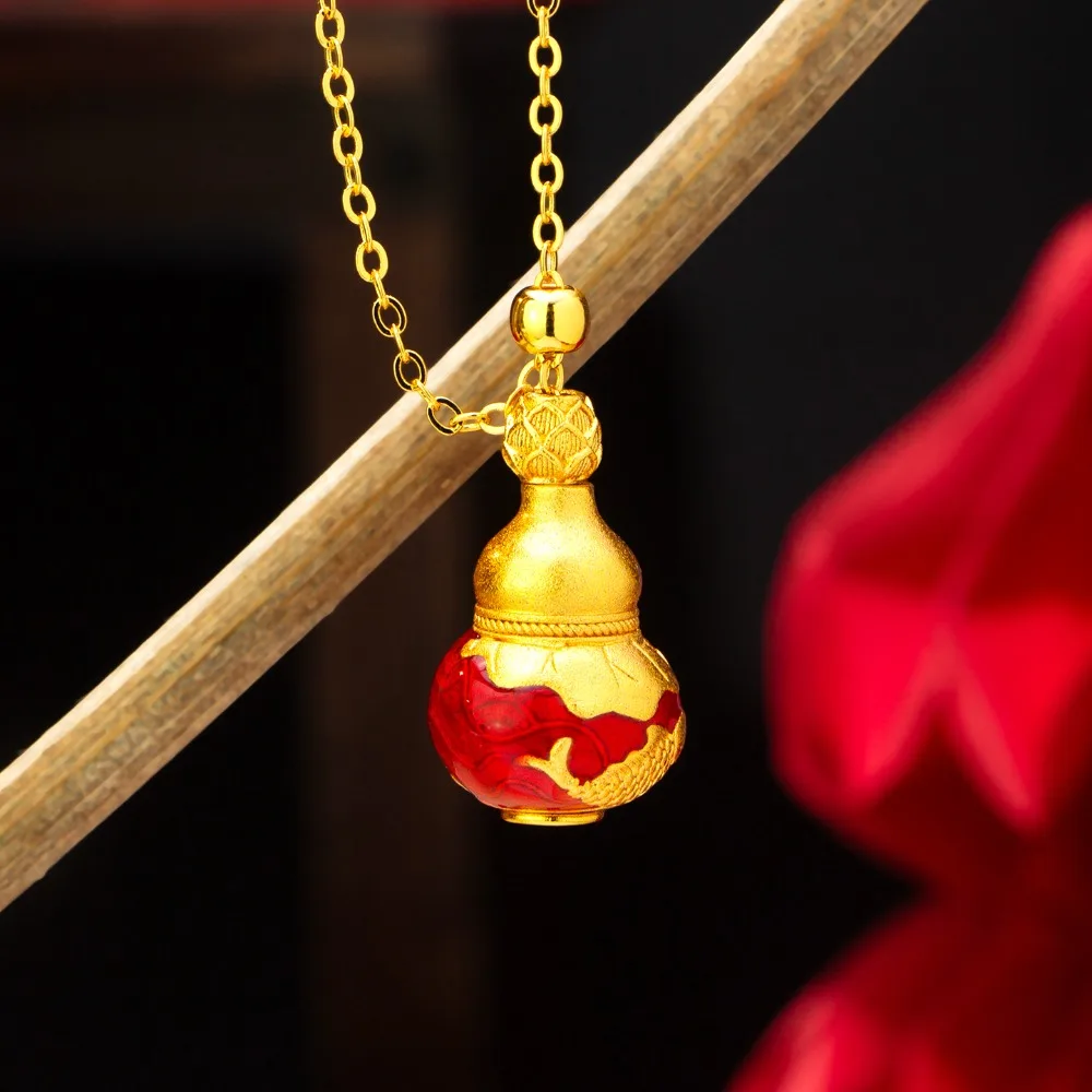 Brushed enamel gourd necklace for women retro Senfu Lu 9999gold