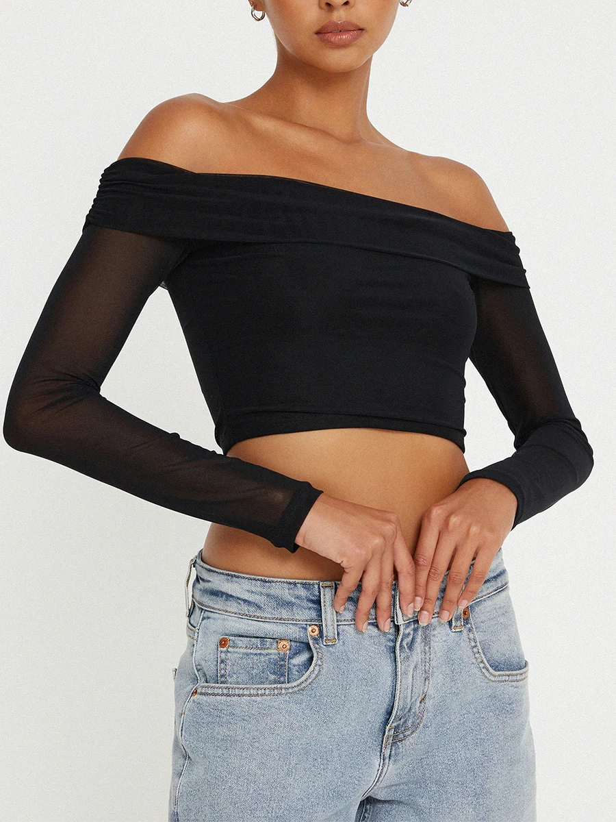 Women's Off Shoulder Long Sleeve Crop Top Shirt Twist Front Ruched Slim Fit Stretchy Cropped Tee Tops T-Shirt