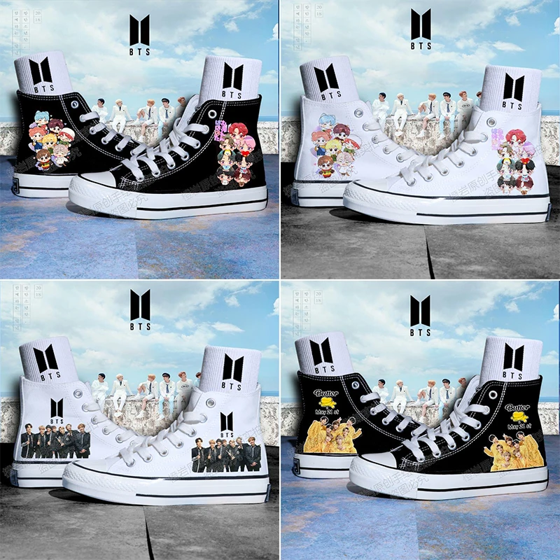 

Cartoon Bts V Jin J-Hope Printed Sneakers, High-Top Non-Slip Canvas Shoes, Comfortable Casual Flat Shoes Girl Boy Birthday Gift