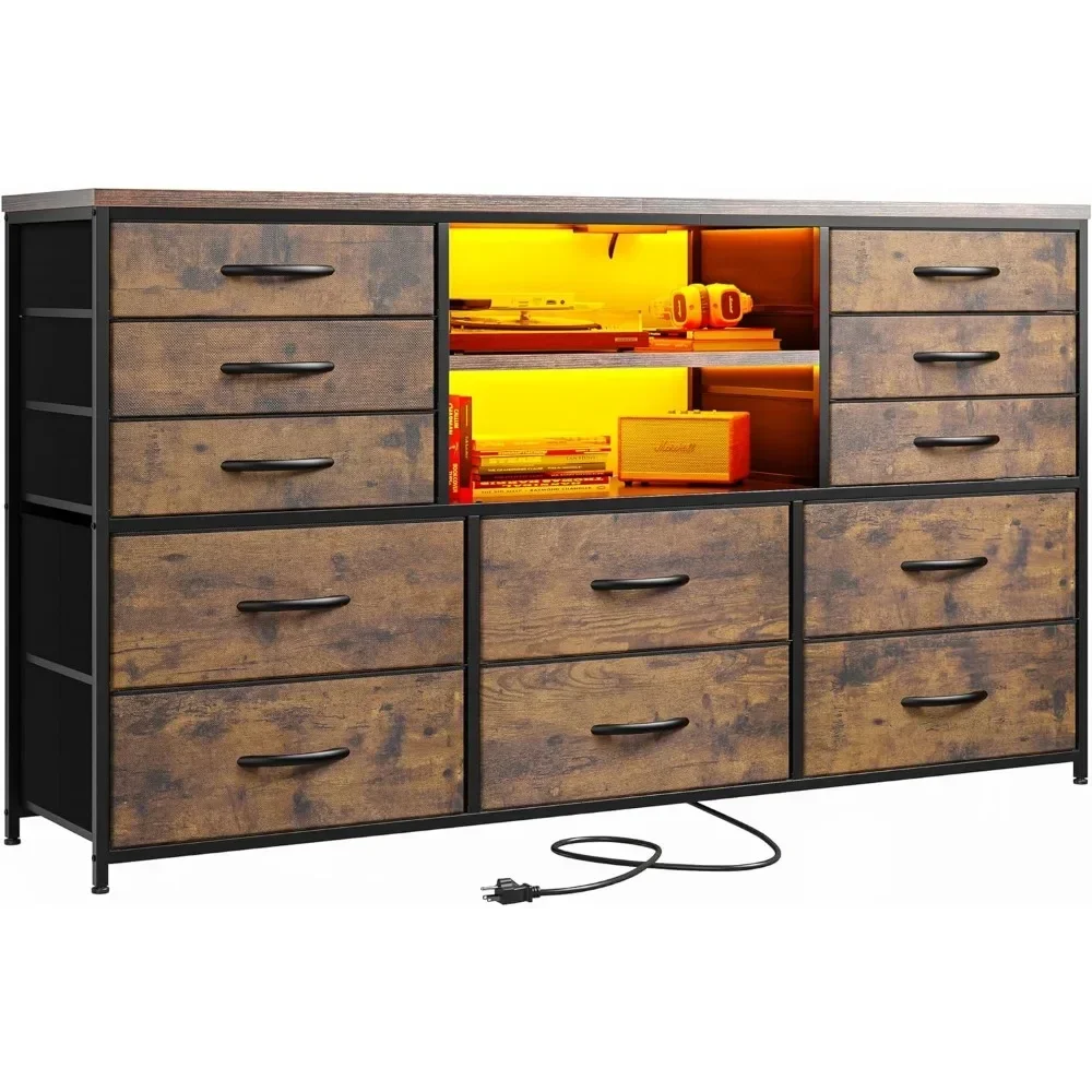 Dresser for Bedroom with Power Outlet & LED Lights for 60''TV Stand for Living Room Entertainment Center with 12 Fabric Drawers