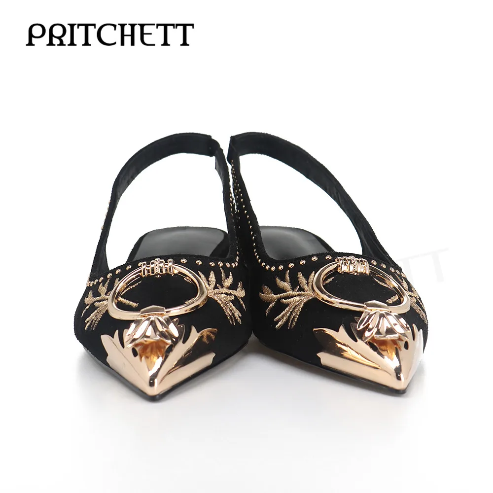 Metal Round Buckle Decorative Sandals Gold Thread Embroidery Rivets Pointed Toe Square Root Sandals Fashionable Women's Shoes