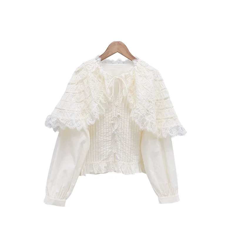 100%Cotton Blouse Shirts 2026 Autumn Cape Poncho Style Women Lace Floral Patchwork Long Sleeve Casual Vintage Tops Blouse Female