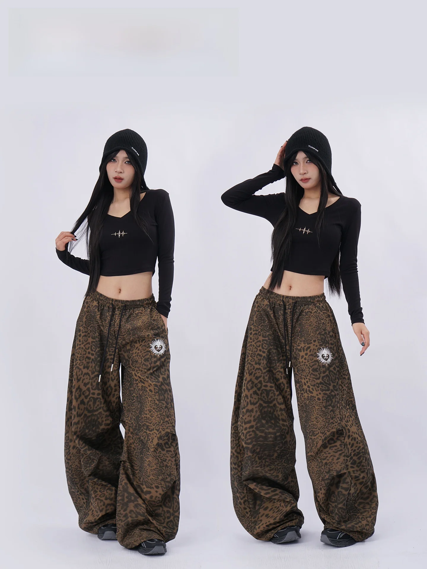 

Ретро-спортивные брюки в американском стиле с леопардовым принтом, широкие штаны для уличных танцев, хип-хопа, повседневные брюки для женщин, осень-зима