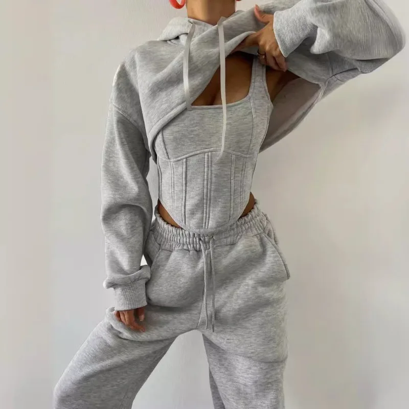 

Sweat Suit Set Women Hoodies Three 3 Pieces Outfit Pants Sets Casual Loose Winter Warm Tracksuits 2 Two Pieces Solid Sportswear