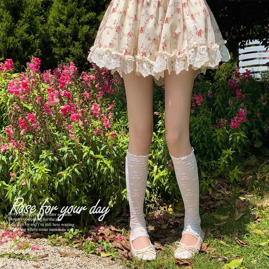 Sweet Floral Ruffle Lace Knee High Socks Soft Breathable Stackable Socks For Lolita Daily Matching Skirt