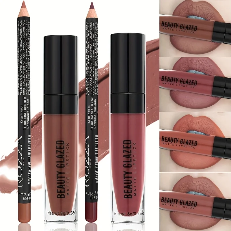 2 pz/set Lip Gloss & Lip Liner Set Kit labbra opaco a lunga durata impermeabile Rossetto liquido nudo naturale con Lip Liner Combo