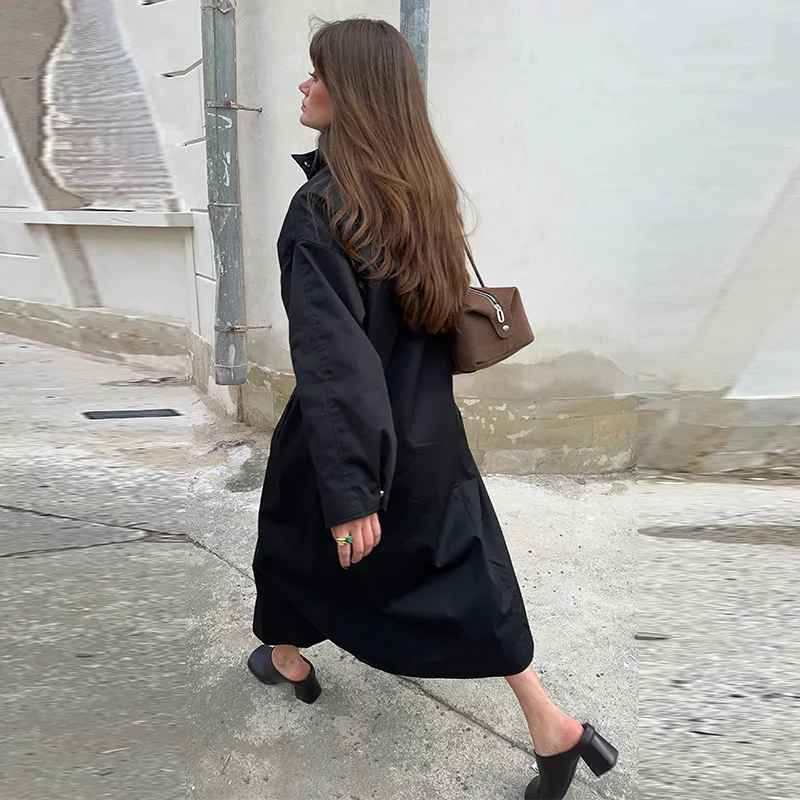Damen Lange Jacken mit Stehkragen, Einreihige Oversize-Trenchcoats, Street-Style Damenmantel mit Langen Ärmeln, Einfarbig und Locker Geschnitten, Neue Oberbekleidung – Detail 37