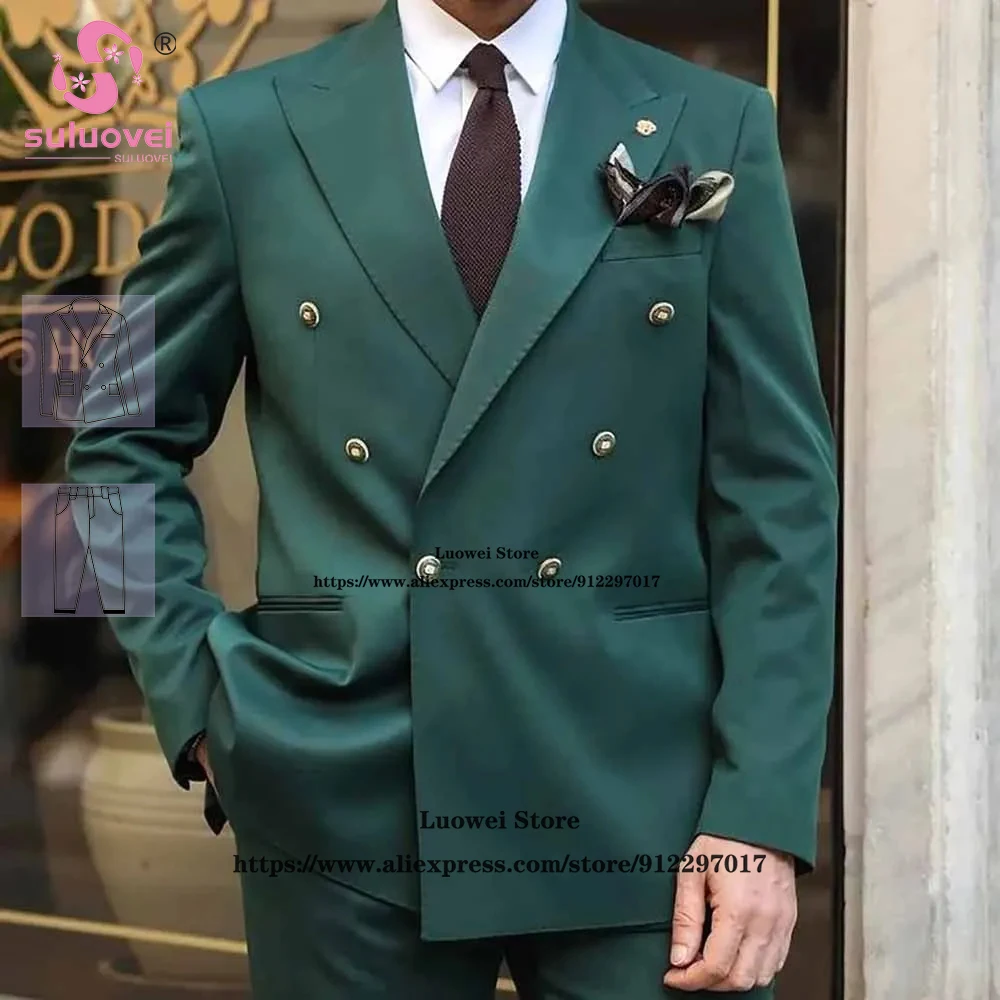 

Classic Green Double Breasted Suits For Men Slim Fit 2 Piece Pants Set Formal Groom Wedding Peaked Lapel Tuxedo Blazer Masculino