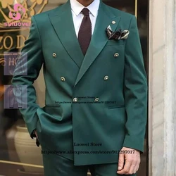 Classic Green Double Breasted Suits For Men Slim Fit 2 Piece Pants Set Formal Groom Wedding Peaked Lapel Tuxedo Blazer Masculino