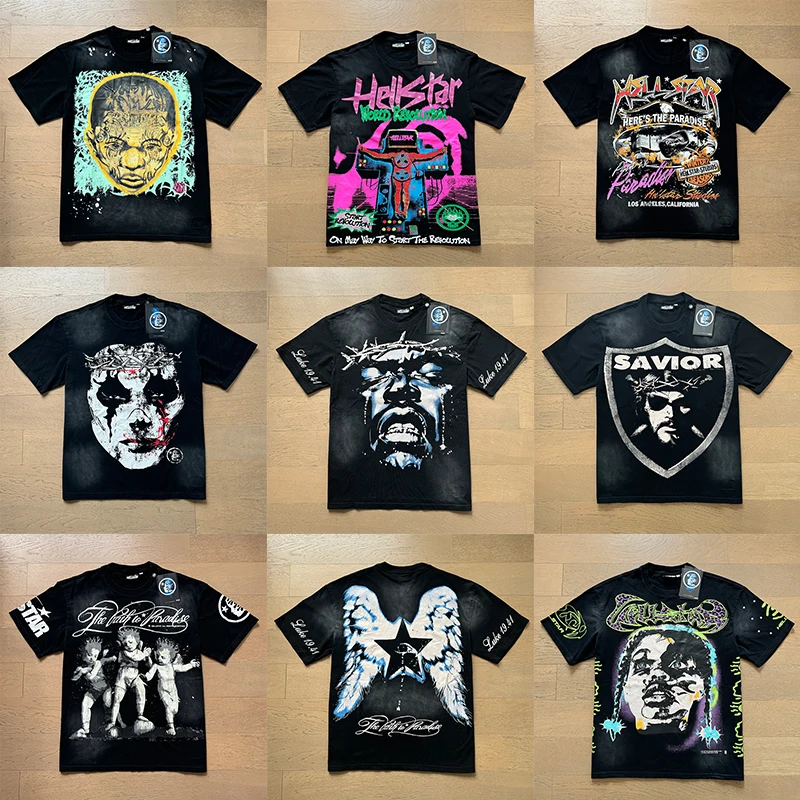 

American High Street Hell Star Waed Vintage Print Hip Hop Loose Summer ort Sve T-irt ex Youth Faion round Ne