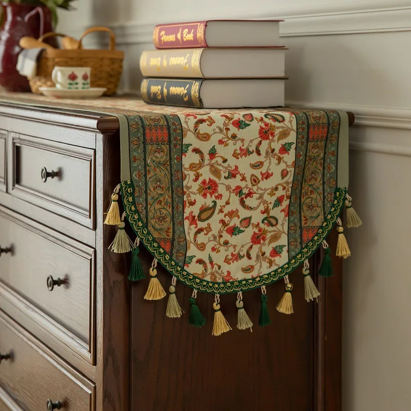 High-end Light Luxury Table Runner Dining Table Tea Room Cabinet Cover Floral Tassel Table Runner Retro Long Tablecloth
