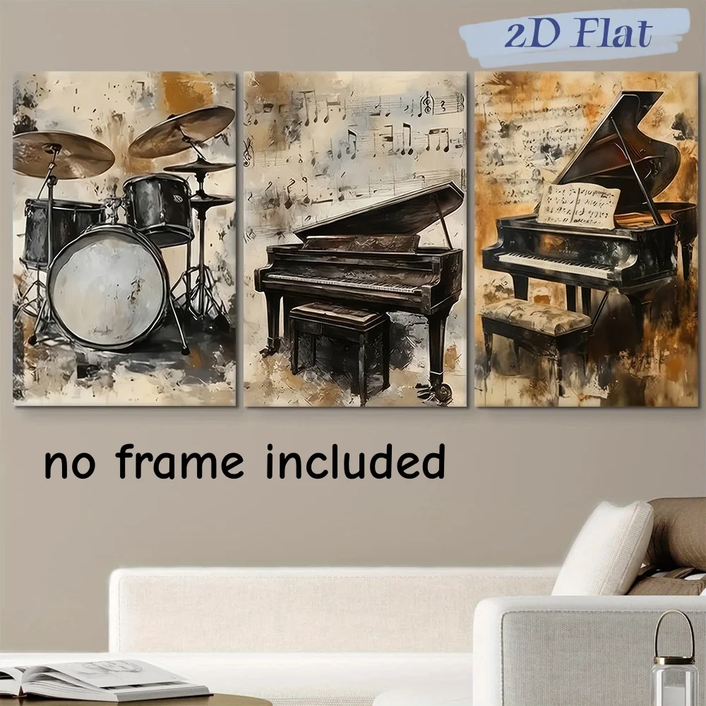 3-teiliges Set moderner minimalistischer Trommelkunst-Leinwandgemälde, rahmenlose Dekoration, hängende Gemälde für Wohnzimmer, Arbeitszimmer, Musikzimmer