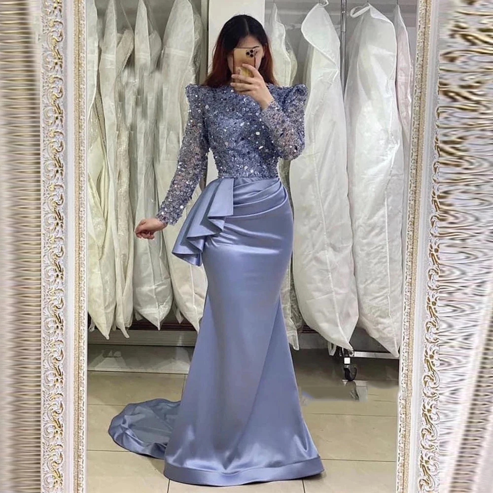 Dusty Blue Satin Evening Dresses Glitter Sequin Top Mermaid  Long Sleeves High Neck Pleats Arabic Women Formal Prom Gowns فساتين