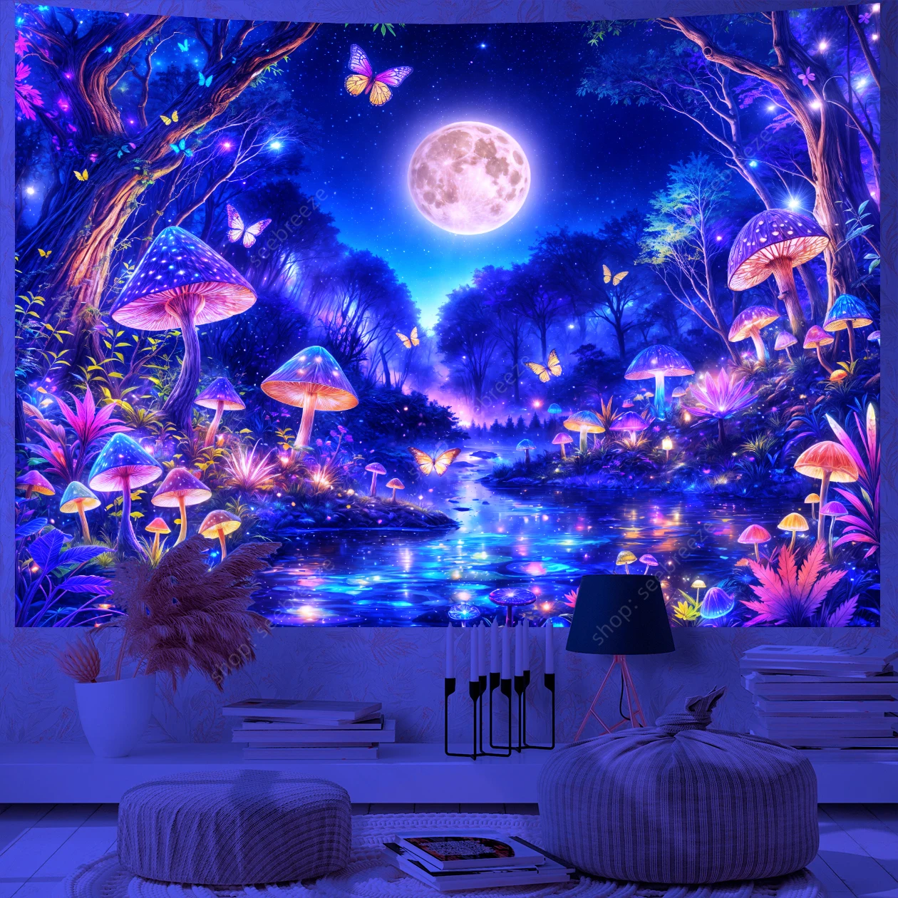 Butterfly Forest UV Reactive Tapestry Wall Hanging for Psychedelic Art Mystic Kawaii Room Decor Mandala Yoga Mat Picnic Carpet